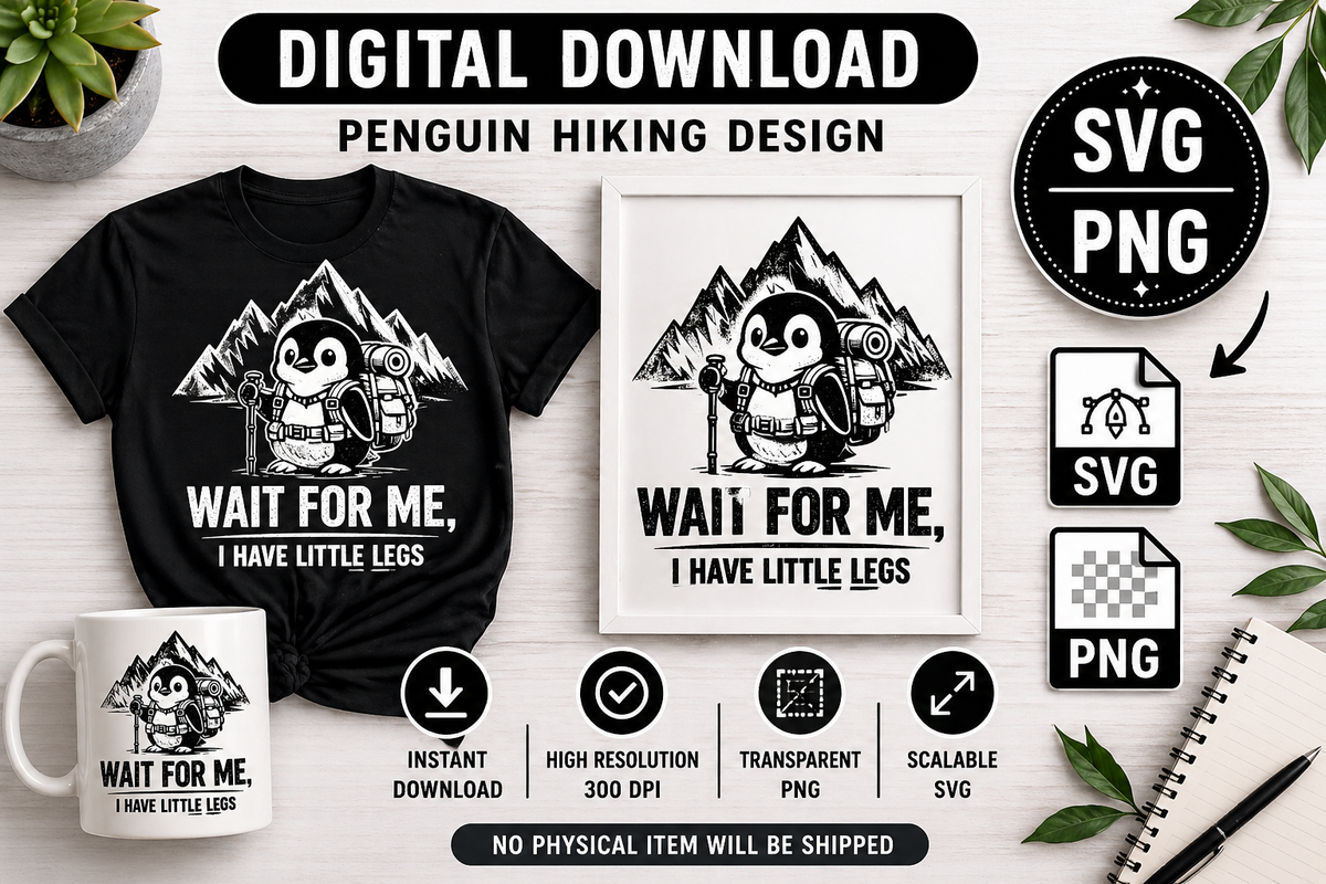 Wait For Me I Have Little Legs Funny Penguin Hiking PNG and SVG (Digital Download)