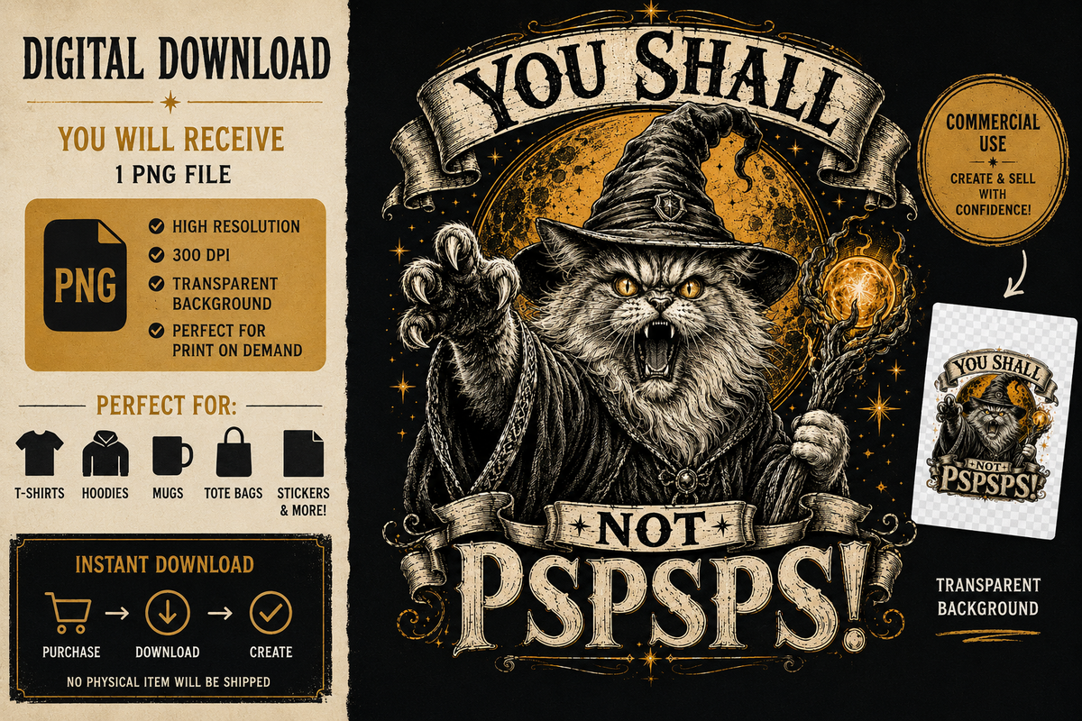 You Shall Not PSPSPS Funny Wizard Cat PNG – Fantasy Meme Digital Download